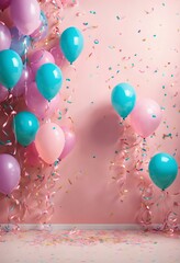 誕生日のお祝いの背景壁紙、パステルカラー、風船、ケーキ、プレゼント｜Birthday celebration background wallpaper, pastel colors, balloons, cake, presents. Generative AI