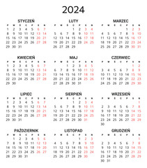 2024 polish calendar. Printable, editable vector illustration for Poland. 12 months year kalendarz - obrazy, fototapety, plakaty