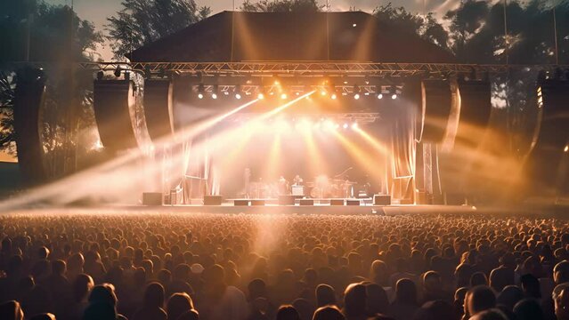 Stage lights colorful. Rock Band with Guitarists and Drummer Performing at a Concert in a Night Club. Front Row Crowd is Partying. Silhouettes of Fans Raise Hands in Front of Bright Colorful Strobing 