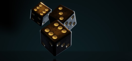 A bunch of thrown dices in warm light against dark background