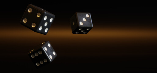 A bunch of thrown dices in warm light against dark background