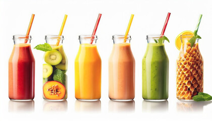 Row of healthy fresh fruit and vegetable smoothies with assorted ingredients served in glass bottles with straws isolated on transparent background