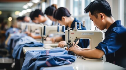 Focused young Asian male tailors with appearance sews things from natural fabric using sewing machine at clothes making factory. Handwork and sewing with help of mechanism. - obrazy, fototapety, plakaty