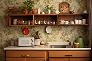 Old kitchen with tiles on the wall with old furniture and utensils