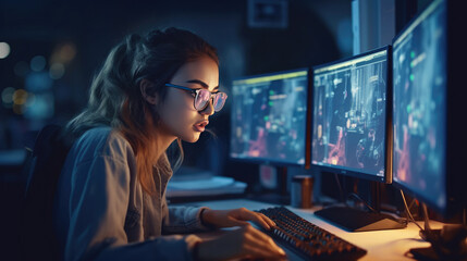 Fototapeta na wymiar A programmer girl who is using her modern computer