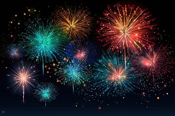 Fototapeta premium Nighttime extravaganza of celebration. Dazzling fireworks paint sky with brilliant colors marking joyous occasion. Each burst spectacular display of light and energy creates stunning in dark night