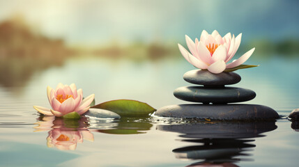 Beautiful lily flower and stack of stones on water