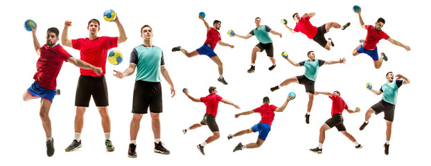 Young man, professional handball player in uniform playing, training isolated over white background. Collage. Concept of sport, competition, tournament, championship, action and motion