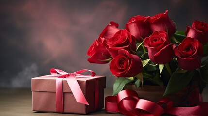 Beautiful red roses and gift box