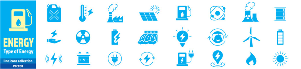 Electricity, Energy Types, Energy, icons collection editable stroke, Hydroelectric, Solar, Water, fire, Power Supply, Coal mine, vector illustration.