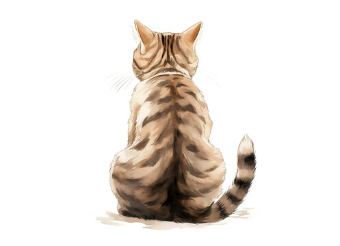 Rear image of cat sitting with back facing isolated on transparent background