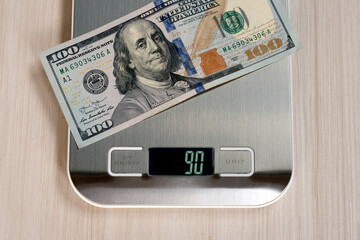 Dollar bills on electronic scales, a symbol of cost reduction, inflation, depreciation of money....
