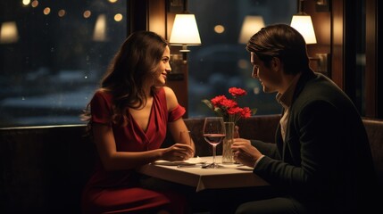 Obraz na płótnie Canvas Couple in suits having a romantic dinner in a modern restaurant Celebrate Valentine's Day
