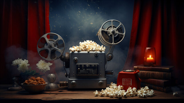 Vintage Movie Projector Popcorn And Cinema Tickets