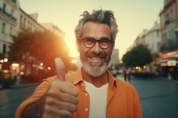 Middle aged man in the middle of the city with thumb up - obrazy, fototapety, plakaty