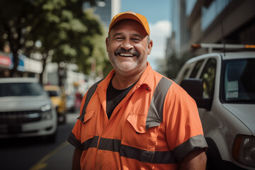 Middle aged man in the middle of the city with mechanic uniform