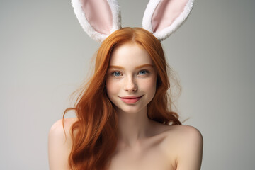 Young pretty redhead girl over isolated grey background wearing bunny ears for Easter holidays