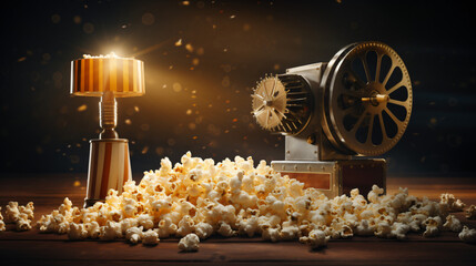 Vintage movie projector popcorn and cinema tickets - obrazy, fototapety, plakaty