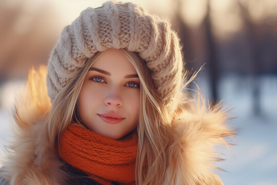 Young pretty blonde girl at outdoors in a park in winter clothes