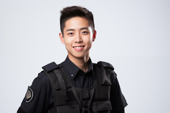Chinese man over isolated white background with police uniform