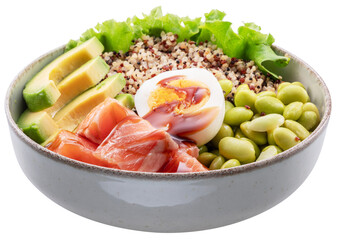 Salmon quinoa bowl with greens and vegetable. Balance in bowl. File contains clipping path.