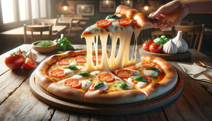 A pizza on a wooden table in a cozy Italian restaurant, with one slice lifted showing cheese stretching. Emphasis on tomato, basil, and mozzarella textures against rustic decor and soft lighting