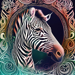 zebra in a frame with a pattern on it