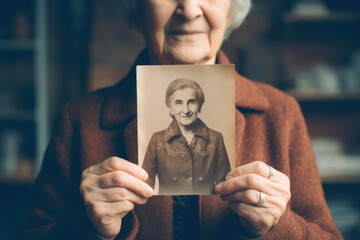 Senior Woman Holding a Vintage Photo of Her Younger Self - Memories and the Passage of Time in a Single Image - obrazy, fototapety, plakaty