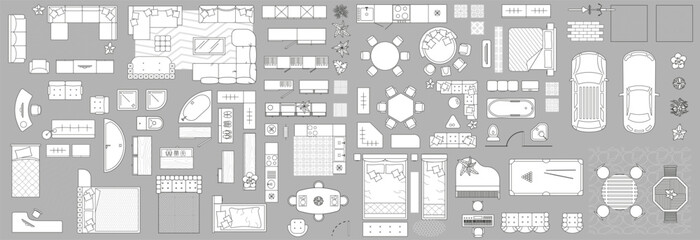 Set of linear icons. Interior top view. Vector Illustration. Floor plan icons set for design interior and architectural project © 4zevar