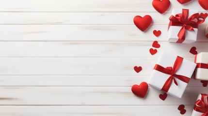 High angle white wooden background with red hearts with gifts. Valentine's Day concept