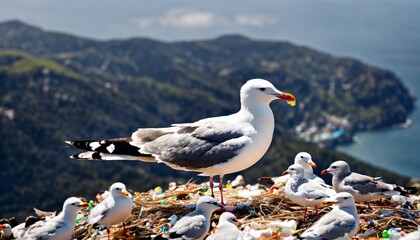 A seagull holding plastic waste on its beak on the the top of a mountain in its nest full of plastic waste, high quality photo, realistic, selective focus on the seagull - obrazy, fototapety, plakaty