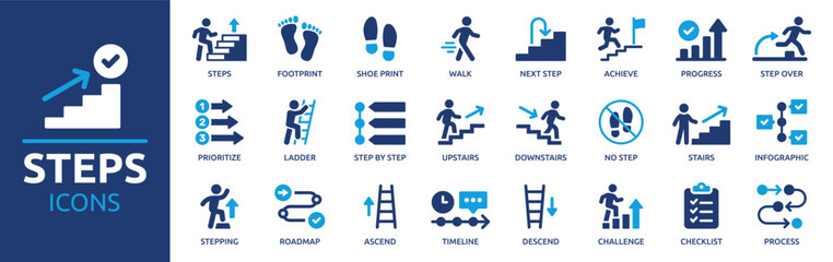 Steps icon set. Containing stairs, footprint, progress, step by step, roadmap, process, walk and more. Solid vector icons collection.