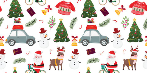 Seamless pattern with Christmas characters and elements on white background