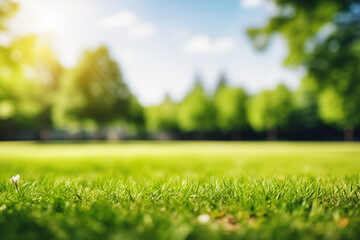 blurred background image of spring nature with a neatly trimmed lawn surrounded by trees against a blue sky with clouds on a bright sunny day