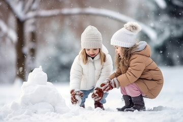 Kids Playing In Snowy Winter Landscape, Toolcreated Image - obrazy, fototapety, plakaty