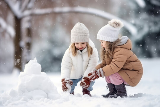 Kids Playing In Snowy Winter Landscape, Toolcreated Image