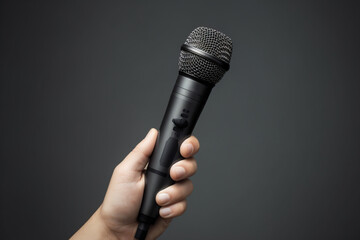 Female hand holding a black microphone on a gray background with copy space
