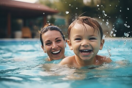 Mother And Boy Play In Pool - Powered by Adobe