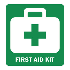 first aid kit symbol green background with text Vector illustration
