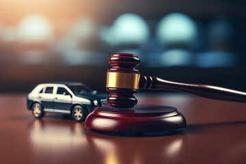 Gavel and car on table. Law and justice concept.