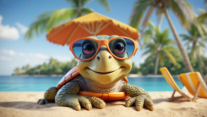 cute funny cartoon comedian  turtle on the beach wearing sunglasses