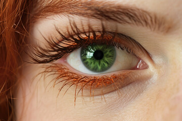 Fototapeta premium Vivid green eye juxtaposed with fiery copper strands. Rich lashes drape elegantly, amplifying the captivating gaze. A masterful display of nature's palette intertwined with human beauty.