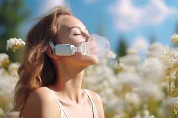 A Woman Breathes Through An Oxygen Mask In A Field Because Of Allergies - obrazy, fototapety, plakaty