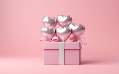 Pink gift box with shiny heart-shaped balloons against a matching pink background.