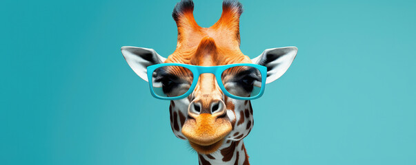 Quirky giraffe with cyan glasses against a teal backdrop.