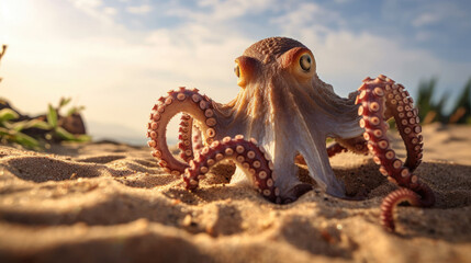 Naklejka premium Close - up photo of an octopus on a sandy beach bathed in the soft morning sunlight