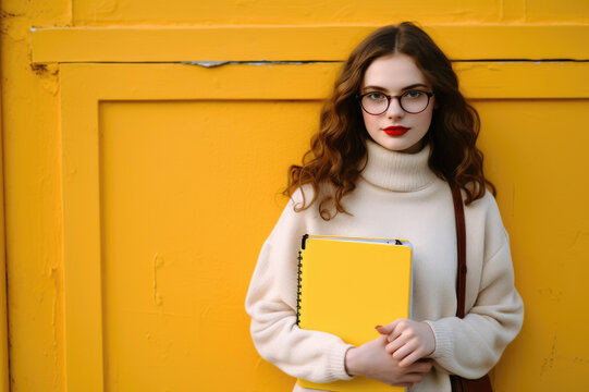Stylish young woman with glasses holds yellow notebook against vibrant yellow door backdrop.