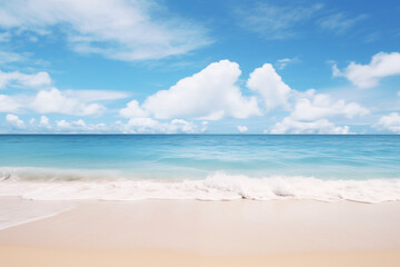 Fototapeta na wymiar Bumpy tropical sandy beach with blurry blue ocean and sky