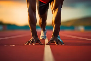 Foto op Plexiglas Close-up of a male athlete running on a track at sunset ai generated art © mihail