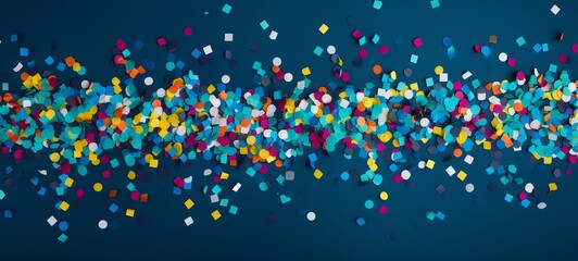 Festive carnival new year's eve celebration party banner texture - Falling colorful multicolored glitter confetti isolated on dark blue table background - obrazy, fototapety, plakaty